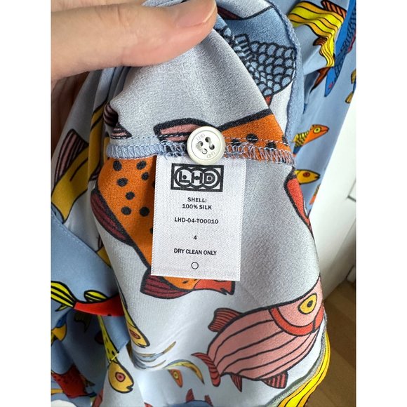NWT LHD Star Island Blouse Shirt Silk Blue Corsican Trout Print Fish Colorful 4 - Picture 7 of 12